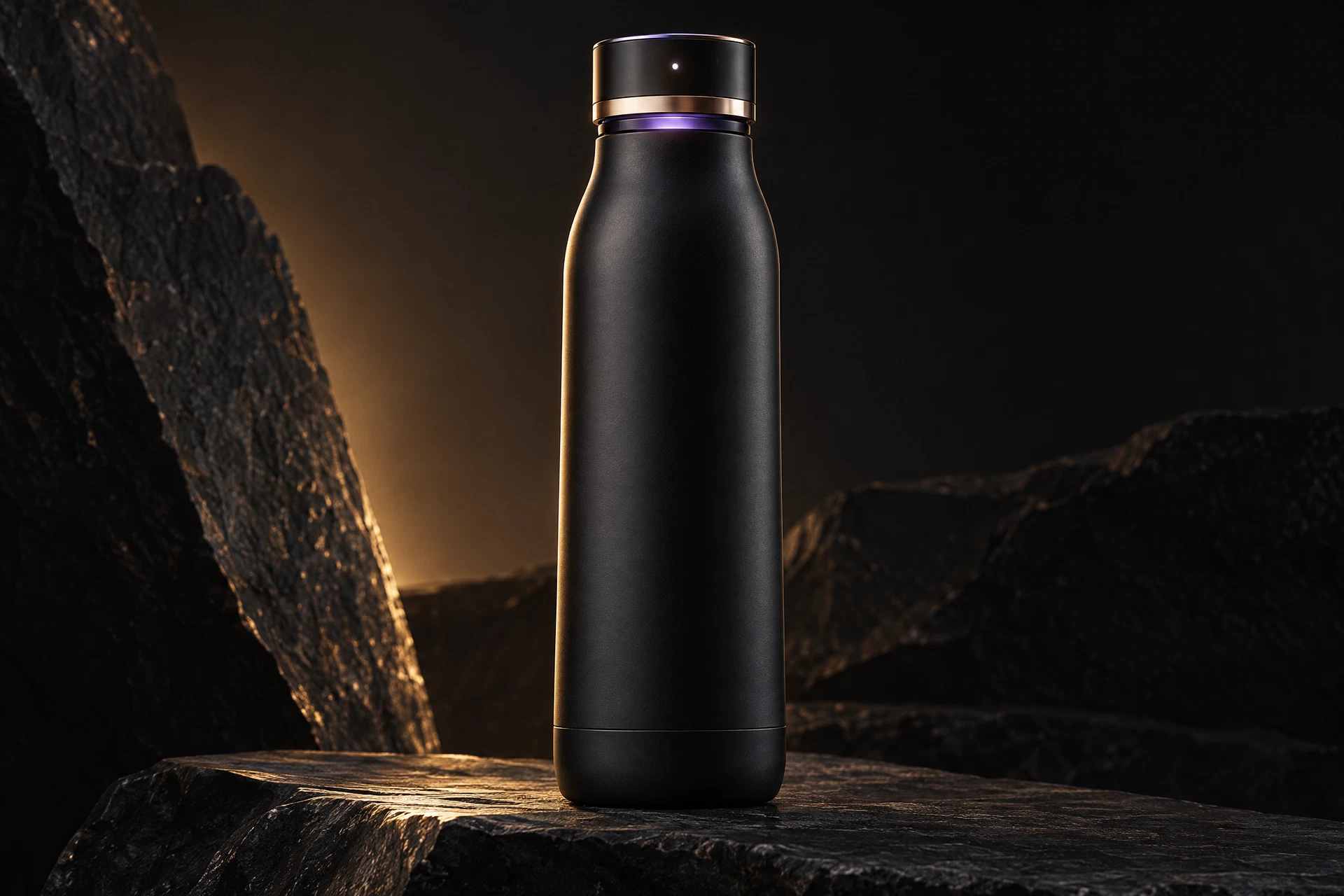 LithoFill smart bottle shown in a dark studio