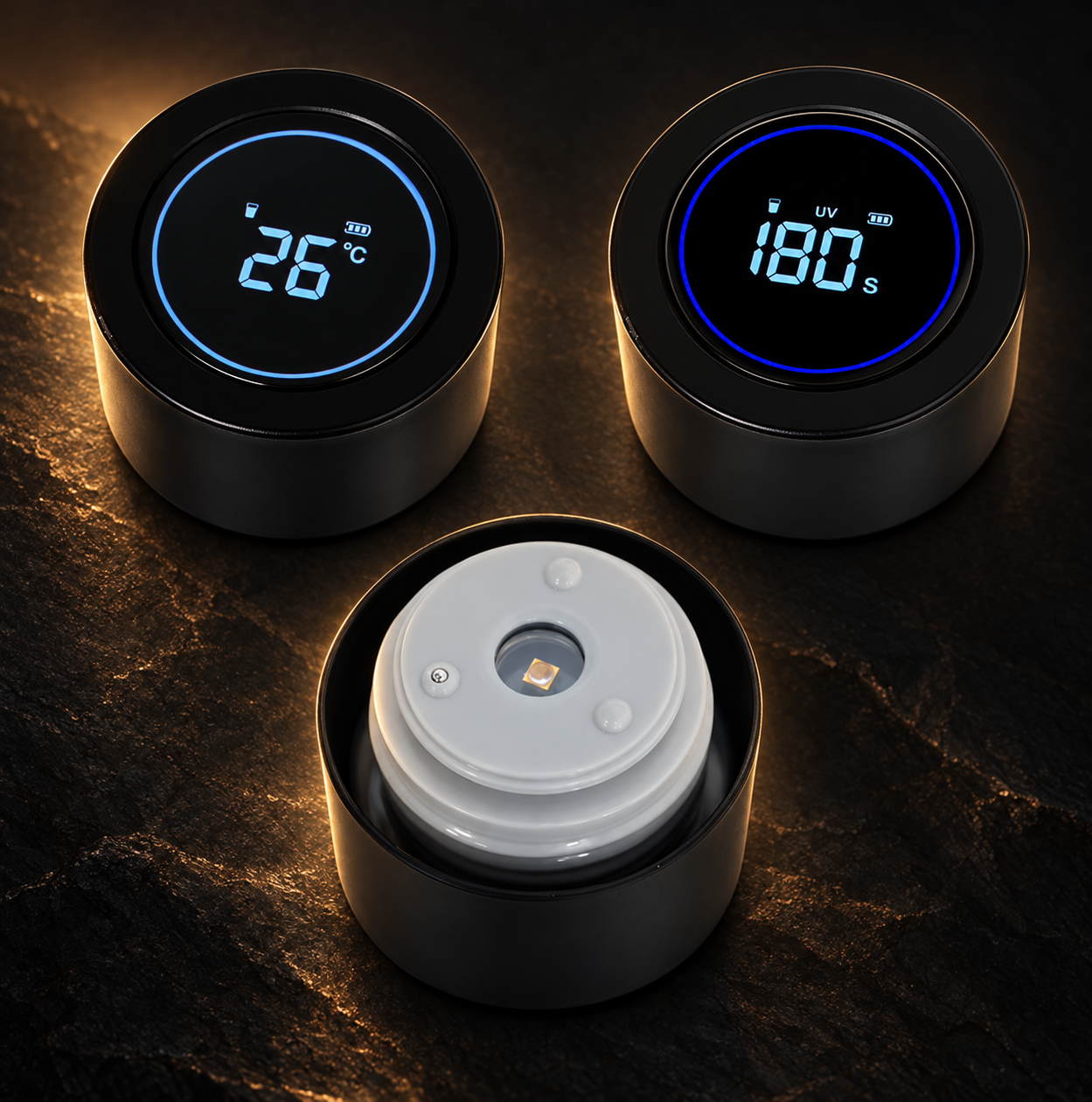 Three LithoFill cap views: two display screens above a full cap detail