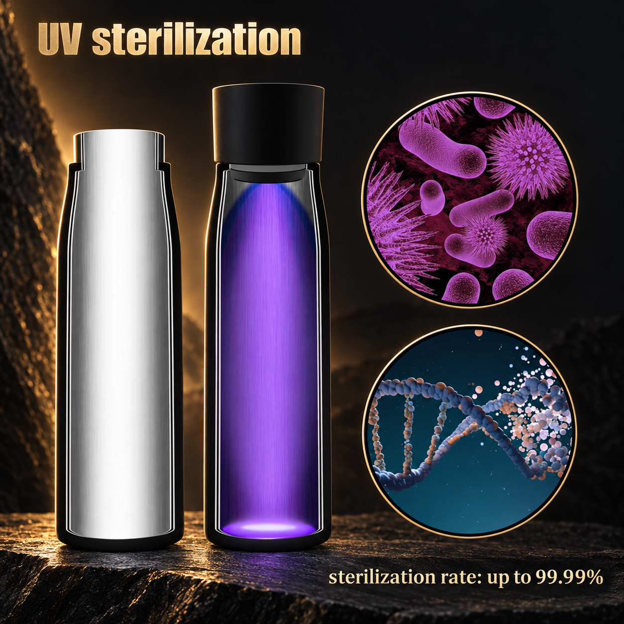 LithoFill UV sterilisation infographic showing the supplied up-to-99.99% sterilisation-rate claim