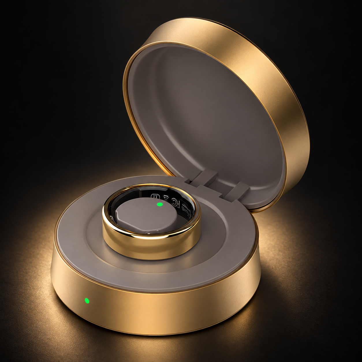 Open Litho Ring charging case in champagne gold