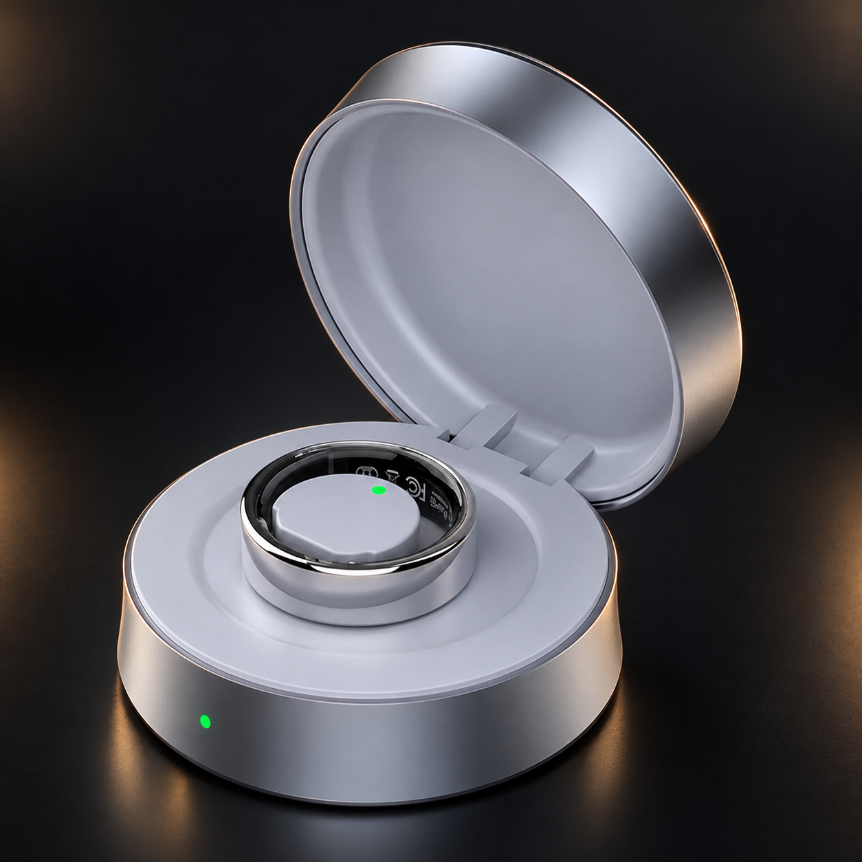 Open Litho Ring charging case in silver