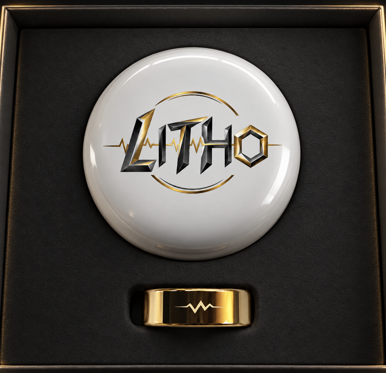 Litho Ring and branded charging case on a dark presentation tray, with the user's original LITHO emblem and ring mark preserved