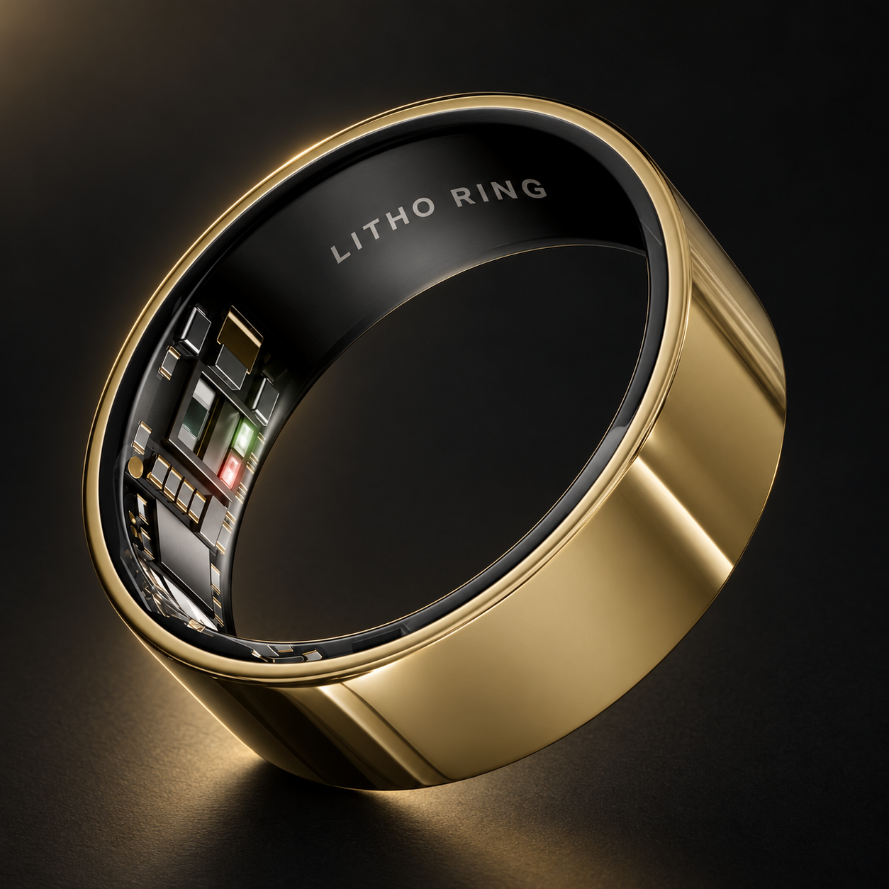 Gold Litho Ring shown from inside, with its sensor components and LITHO RING inner-band mark
