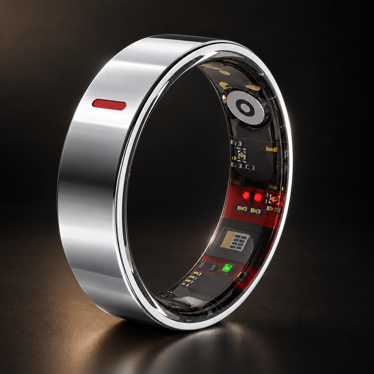 Litho Ring outer profile in polished silver metal, with its red indicator and inner sensor components visible